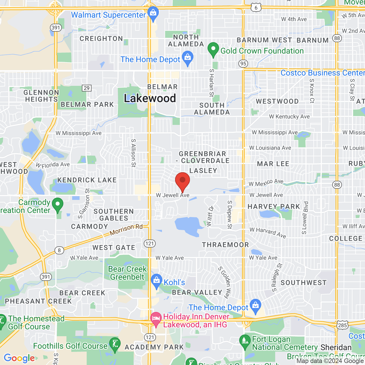 Google map image of our location in 6565 W Jewell Ave 6565 W Jewell Ave Lakewood, CO